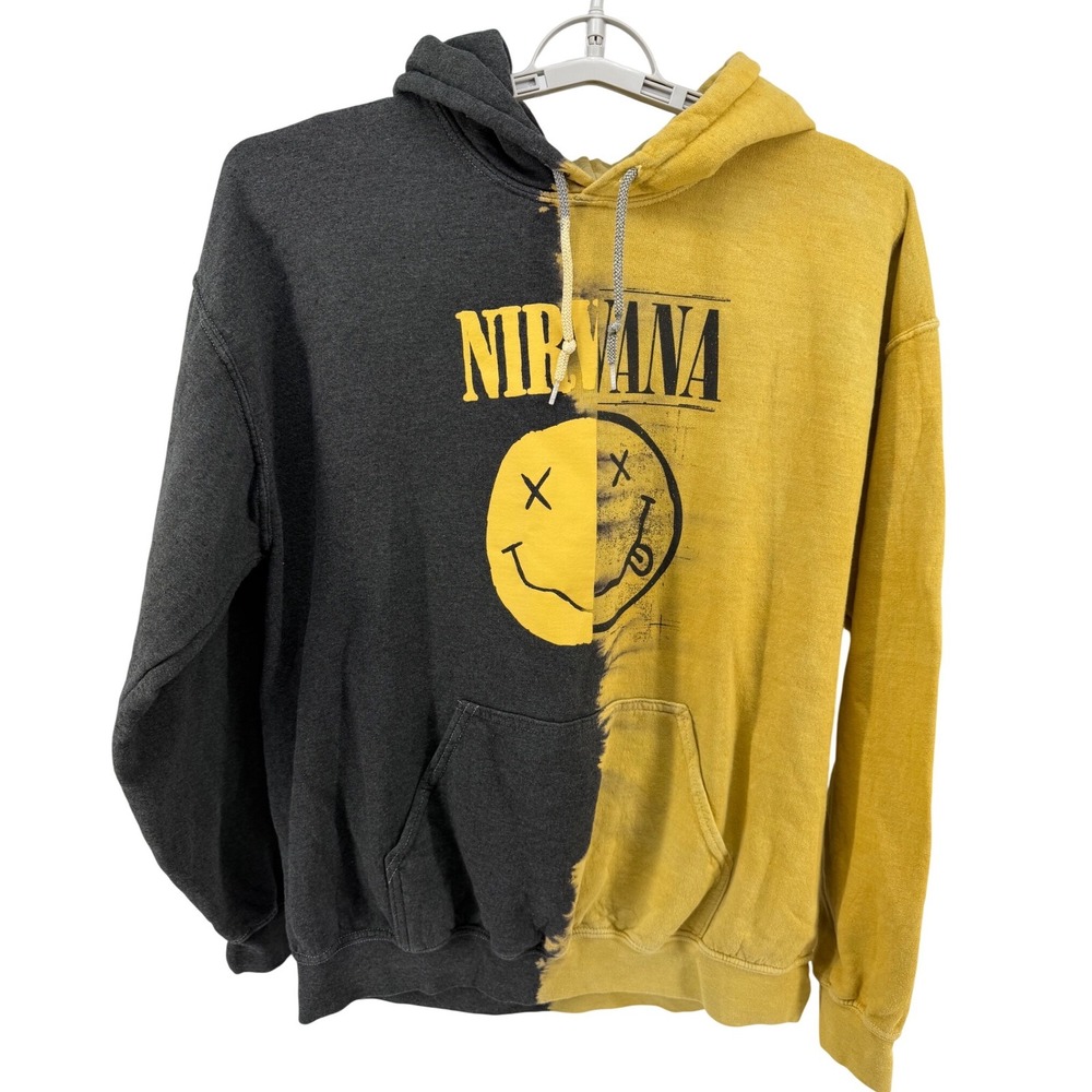 Nirvana Smiley Face Split Dye Hoodie Mens Medium Grey Yellow Graphic Sweatshirt